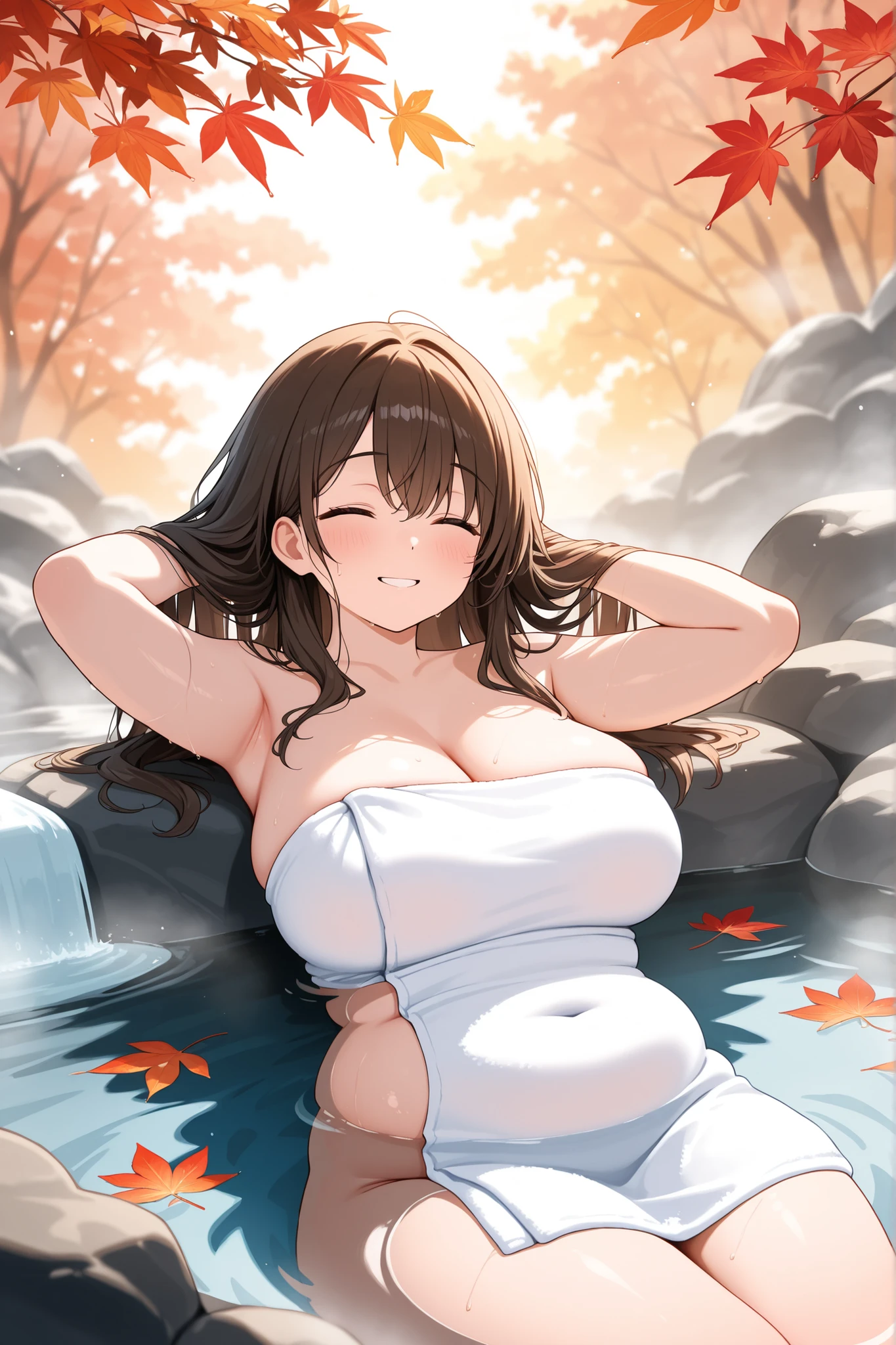1girl, nsfw, green eyes, long hair, Medium hair, brown hair, cape, scarf, large breasts, nipple, , Peeing, lactation, projectile lactation, frozen, wet, crying ,, Naked, , (1girl) ,solo, wilderness