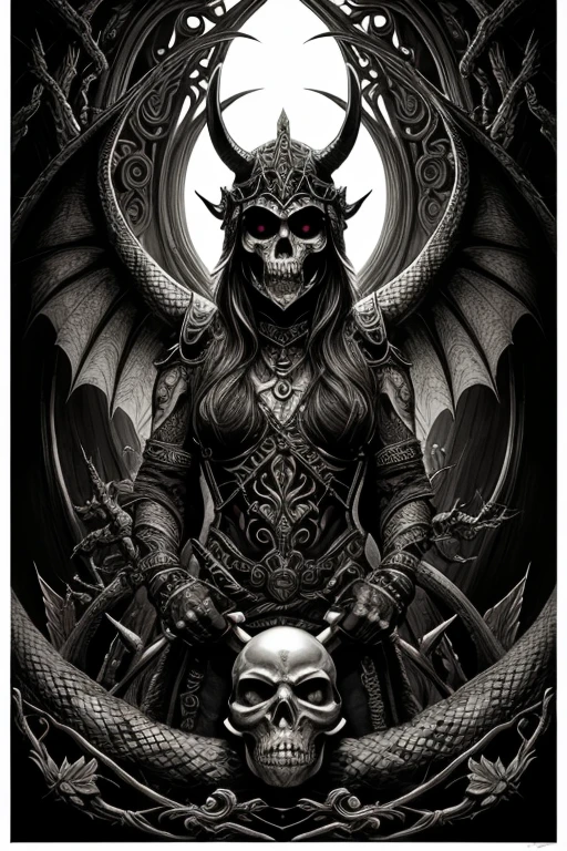 a black and white drawing of a dragon and a skull, highly detailed black art, por Radi Nedelchev, adorned with demonic skulls, dark fantasy mixed with realism, in the style of dark fantasy art, by Ignacio Zuloaga, por Todd Lockwood, very coherent. high détail, by Roberto Parada, by Jorge Jacinto, black art