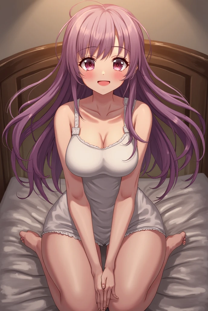 1girl,medium breasts,hotel room,bed,(8k),
,detailed face,purple hair,purple eyes,long hair,embarassed,shy,smiling,hair,hair_ribbon,high_res, high_definition,battlefield,sexy pose,white sexy lingerie,legs open,