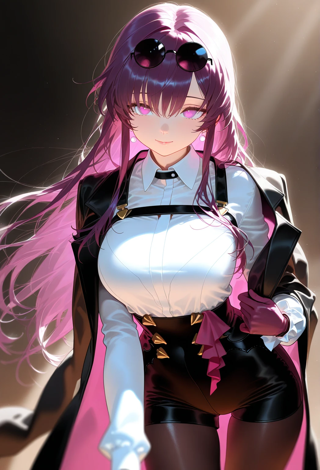 kafka \(honkai: star rail\) <lora:kafka__honkai _star_rail__offset:1.2>, 1girl, alternate costume, black dress, medium breasts, cowboy shot, dress, eyewear on head, hand on own hip, long hair, long sleeves, nail polish, pencil dress, purple eyes, purple hair, purple nails, shirt, simple background, solo, standing, strapless, strapless dress, thighs, white background, white shirt