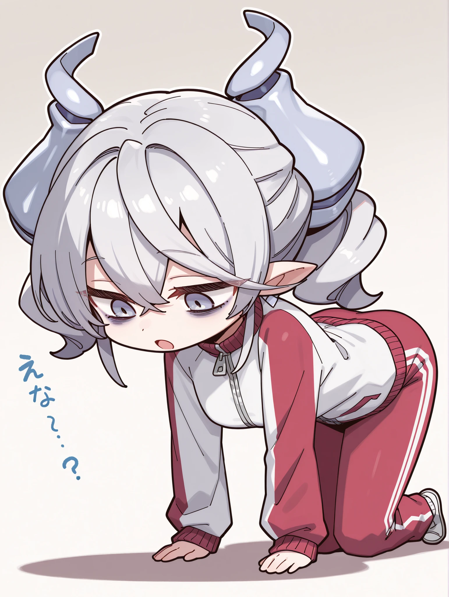score_9, score_8_up, score_7_up, score_6_up, score_5_up, score_4_up, 最High Quality, masterpiece, Super Detailed, High Quality,
1girl, solo, Open Mouth,
Red Track Jacket, Track Pants、
lovely labrynth of the silver 城, Demon Girl,
yuzu chibi, full body, white background、
looking down, lack of sleep、dark circles under eyes、on all fours、