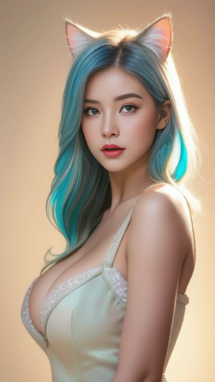 realistic photo of sexy 17 year old Korean girl with blue hair round breasts big ass green eyes and open mouth with tongue out in provocative bikini and bra posing in an exciting way