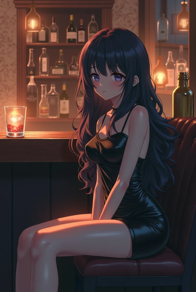 best quality, 4K, high resolution, masterpiece:1.2, Extremely detailed),Sad expression looking at the camera,Large Breasts,30 years old girl,独奏,black hair,long hair,blue eyes,(drunk,blush),sitting,drinking,((Mature sexy body)),Black stockings,Black tight skirt, Mature sexy body,holding mug,counter,pub,(Fashion bar) indoors, ((Cocktail Glass) Full of colorful wine), (dimly light room), Wine Bottle, Detailed background,Fluffy hair,((((Night scene background))))), (((at the bar))), wine, whiskey, High ball,(Shiny and glowing, Effect:1.2)