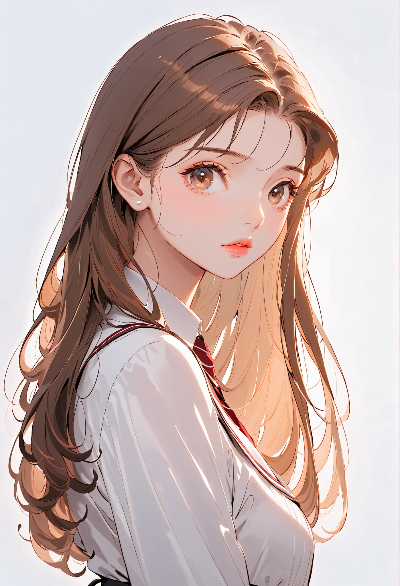 Girl, long straight brown hair, brown eyes, sharp features, white skin, bright light pink lips, calm, beautiful, perfect, elegant looking, wearing a dress with sleeves similar to a formal school uniform, bright colors, high quality resolution.