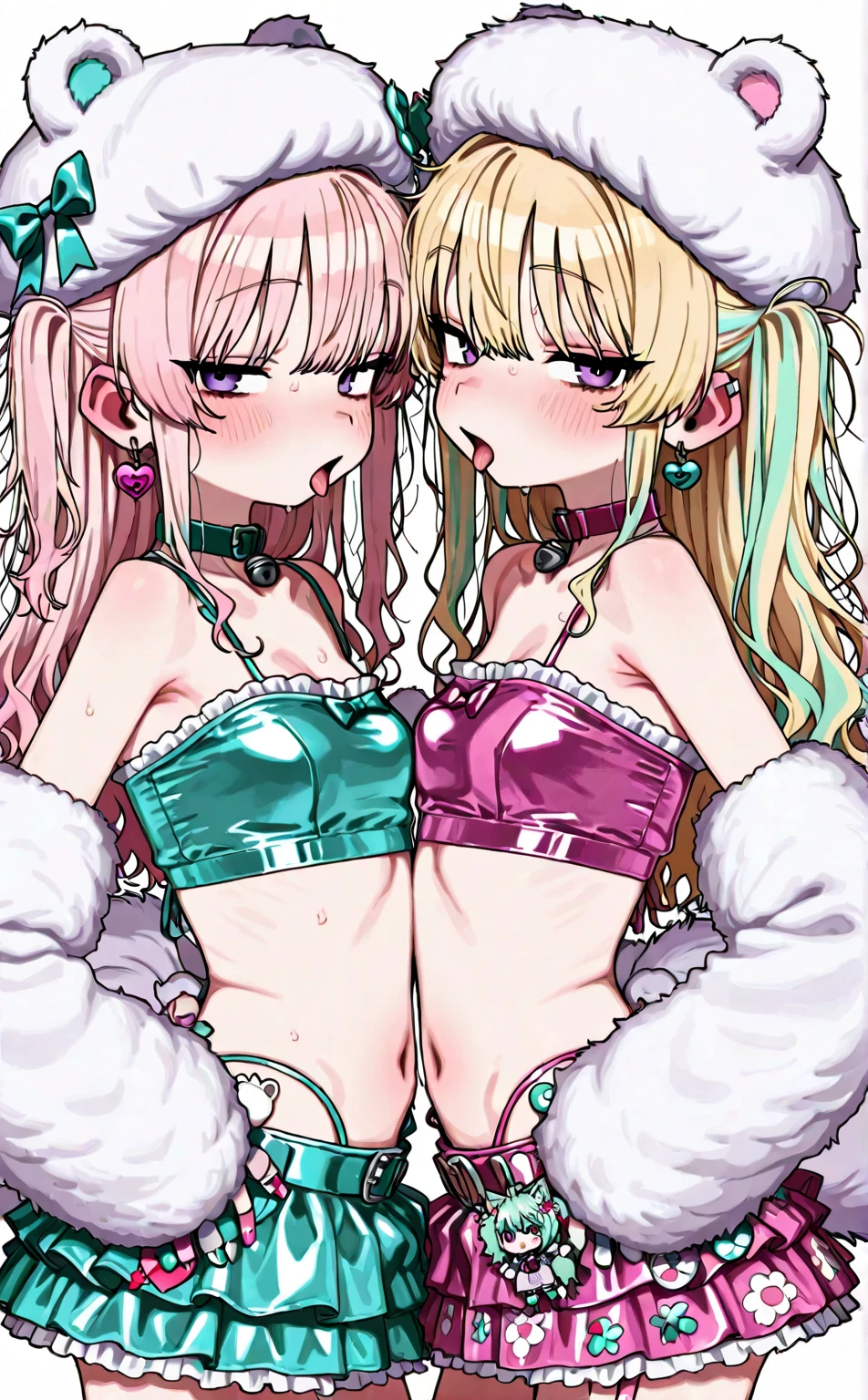 ,Full ultra complete room, shiny skin、(lineart, 2d, illustration:1.3), 2girls, knee highs、multicolor underwear, Bedroom, bear ears,