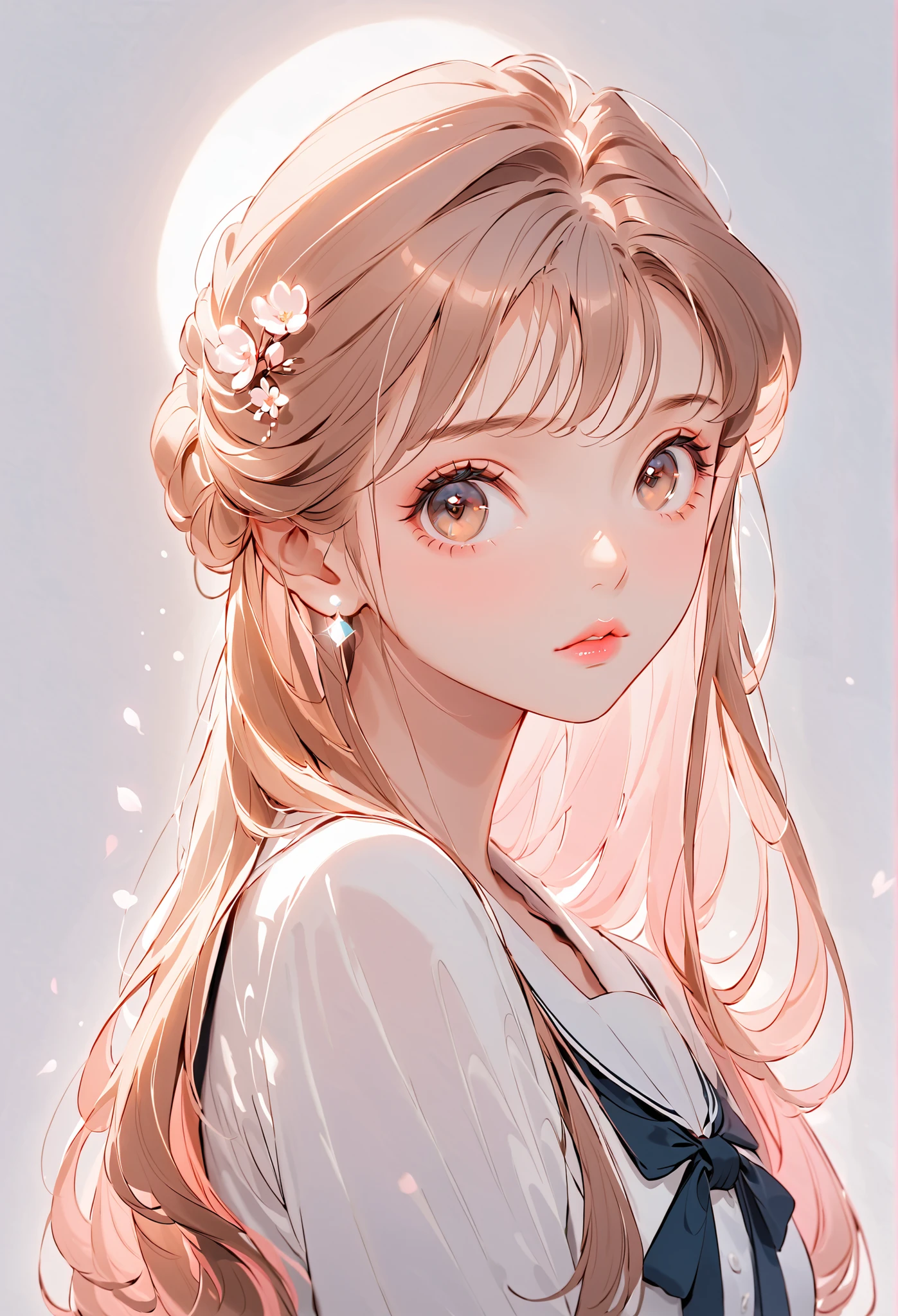 Girl, long straight brown hair, brown eyes, sharp features, white skin, bright light pink lips, calm, beautiful, perfect, elegant looking, wearing a dress with sleeves similar to a formal school uniform, bright colors, high quality resolution.