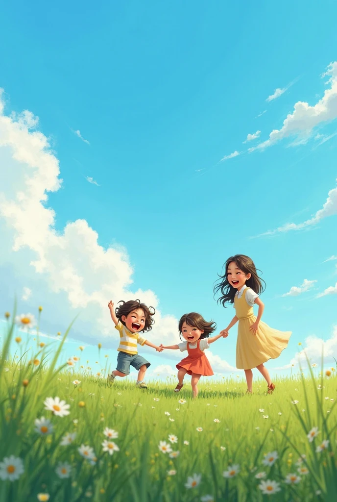 Hello, I want a picture of a tender female psychologist, young and smiling at Studio Ghibli, The psychologist is playing with her children. In the background there is a blue circular watercolor with clouds