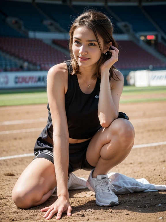 (巨作:1.3), (8K, Photorealistic, OriginalPhoto, Best quality: 1.4), (1girls), Beautiful face, (Realistic face), (Black hair, Short hair:1.3), Nice hairstyle,realisticeyes,Nice detail eyes,((Realistic skin)),Beautiful skins,absurd res,enticing,ultra-high-resolution,Ultra photo realsisim,Heavily detailed,the golden ratio,Beige sneakers,(((Purple Sports Bra))),Black and white Baseball cap,巨作, Best quality, fishnet thighhighs,loli,Crouch,