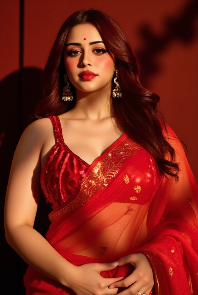 a woman in a red lehen with a red blouse and red skirt, portrait of priyanka chopra, wearing a red outfit, red adornements, traditional beauty, wearing red attire, red adornments, portrait of sherlyn chopra, wearing red clothes, red clothes, indian super model, rich red colors, indian, gorgeous woman, red jewelry, stunning woman, big boobs, cleavage show, wet cloth and body