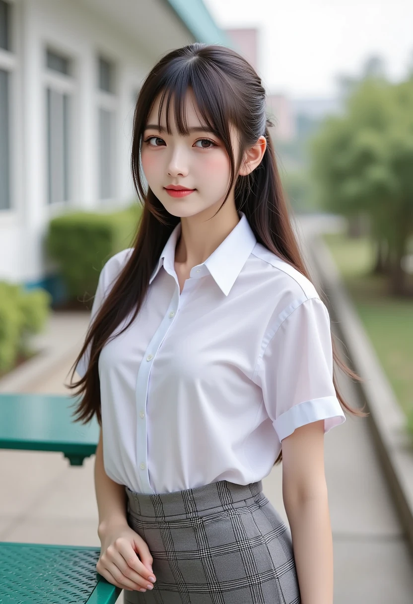 highest quality、masterpiece、park bench、(Photoreal:1.4)、((beautiful girl:1.6)), (Girl with small breasts)、16 years old、(small breasts:1.3)、(beautiful breasts)、((small breasts))、((BDSM))、high school girl uniform、open oxford shirt、pleated pread your legs、spread legs、Spread your legs apart、panties、beautiful girl、asian beauty、dark brown hair、((Super realistic details))、Portrait、very intricate details、realistic light、shining eyes、vivid details、surreal、8K、highest quality、masterpiece、very delicate and beautiful、Full body Esbian、