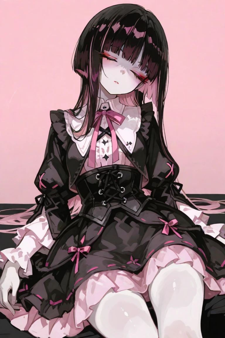 Black gothic dress, Black hair girl, pink eyes, demonic looks, black shoes, using a bow