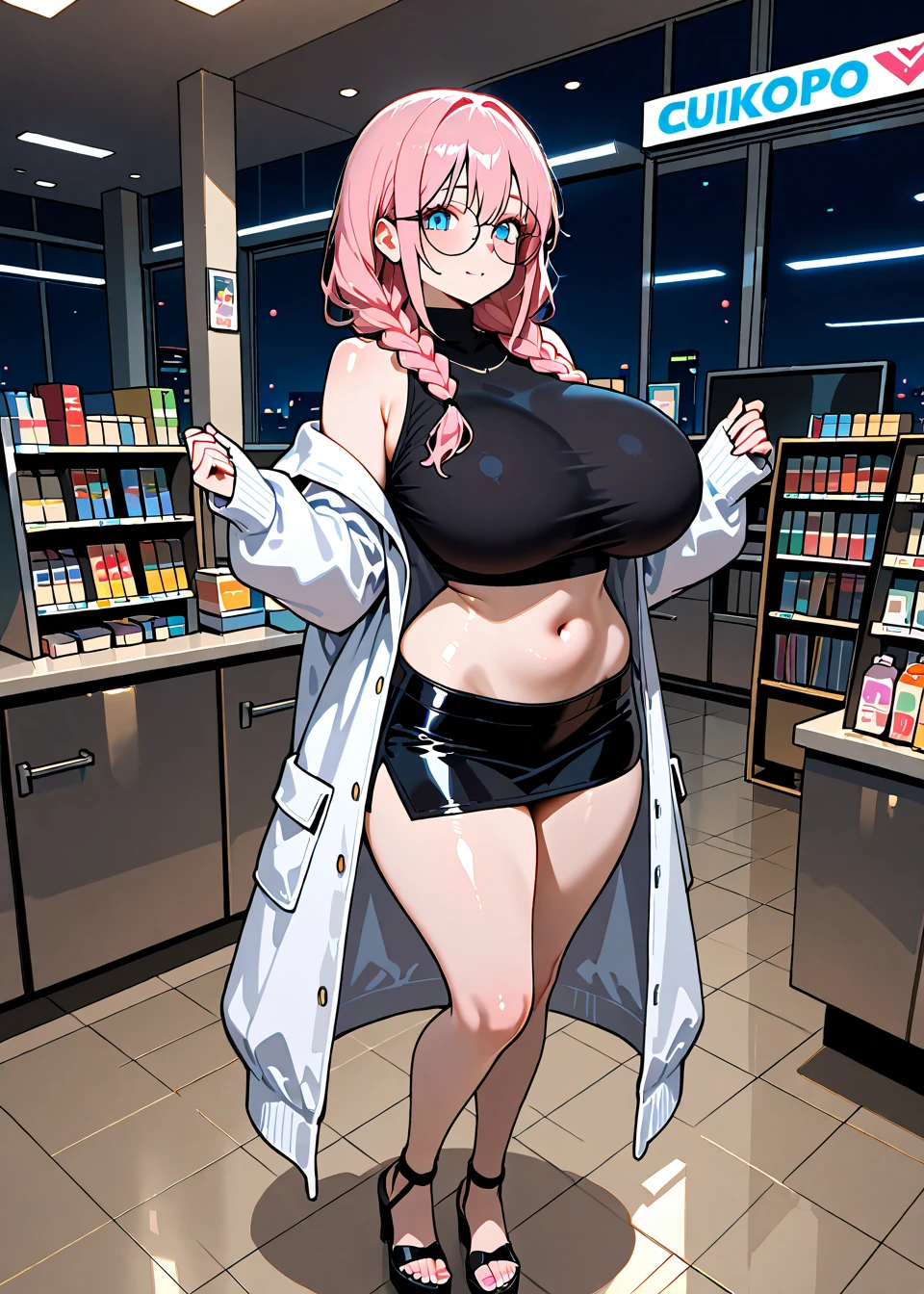 Full body girl, pregnant, ??? on thighs, huge belly, ??? on belly, huge breasts, ??? on breasts, lactation, lactation through clothes, yellow eyes, glasses, shy, exhausted, earrings, hair ribbon, long hair, side ponytail, pink hair, tsundere, embarrassed, pout, visible belly, hands on belly, no bra, high heels, office uniform, standing, best quality