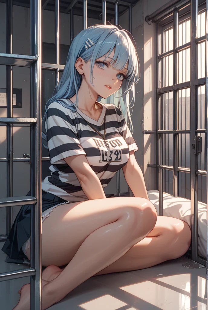 messy black long hair girl eyes are hidden Her clothes are like rags, and her hands and feet are shackled. she's in jail again the girl is crying The girl is very thin. high quality images