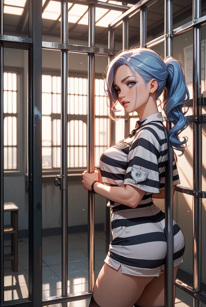 beautiful sexy police woman with short blue hair, wearing police cap, sexy, big breasts,top, sexy, woman lies on her back with her legs up, whole naked body, slave, shackled in stocks,,