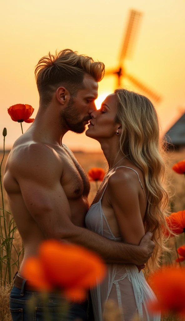 (photorealism:1.2), beautiful woman, long blonde hair, big blue eyes, white skin, sweaty skin, delicate hands, natural body, small breasts, big round buttocks, naked lying on a grass, excited face,
Beautiful, handsome man, crazy long hair, beard, toned body, torn jeans, sweaty body, man on top of woman, wet grass, grass with dew, red tulips, sunset