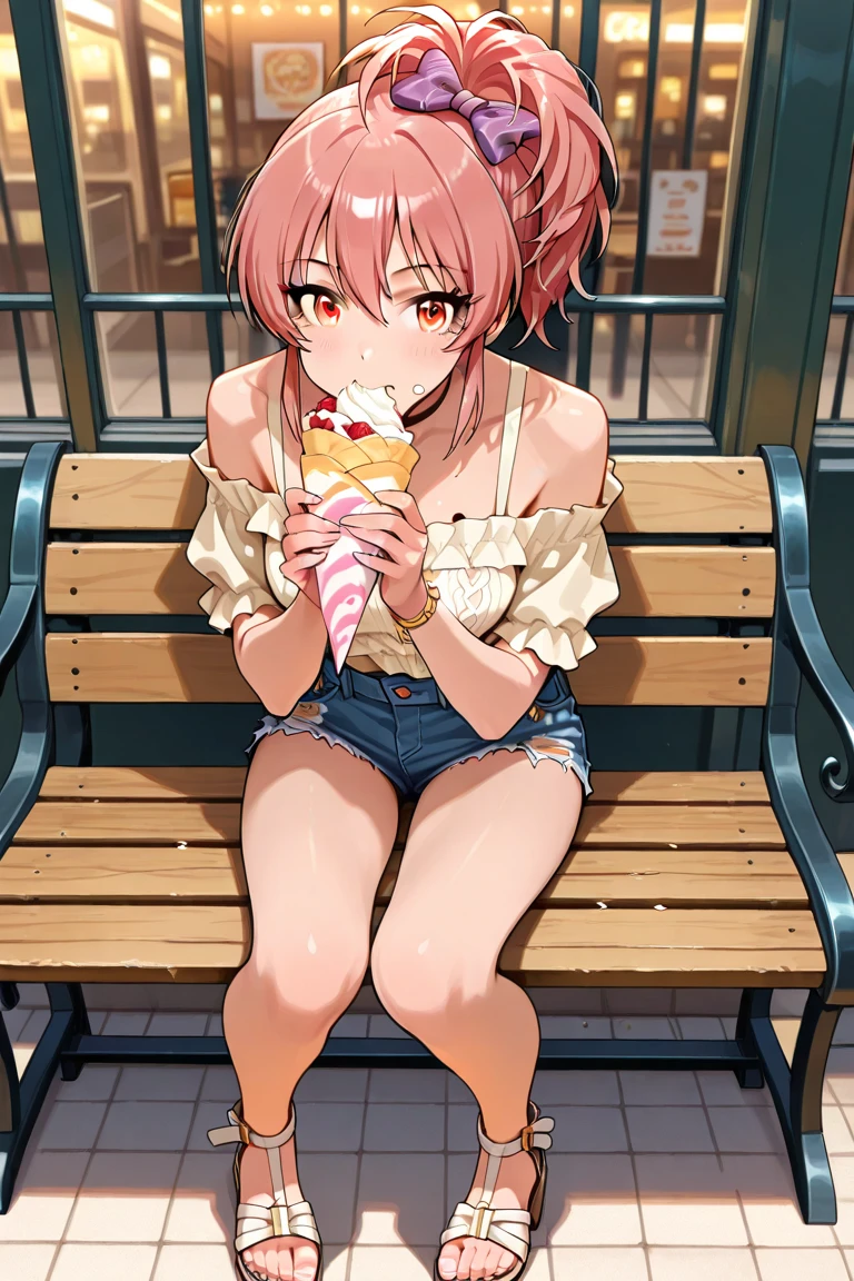 Mea kurosaki,Mea Kurosaki,Redhead,Long Hair,Long braids,Purple eyes,smile,Open your mouth,Black Tank Top,Black string underwear,barefoot,Sweat,Holding ice cream in both hands,Eating ice cream,Sitting on the sofa,whole bodyがイラストに入るように,
break looking at viewer, whole body, break outdoors, room, break (masterpiece:1.2), Highest quality, High resolution, unity 8k wallpaper, (shape:0.8), (Beautiful and beautiful eyes:1.6), Highly detailed face, Perfect lighting, Extremely detailed CG, (Perfect hands, Perfect Anatomy),