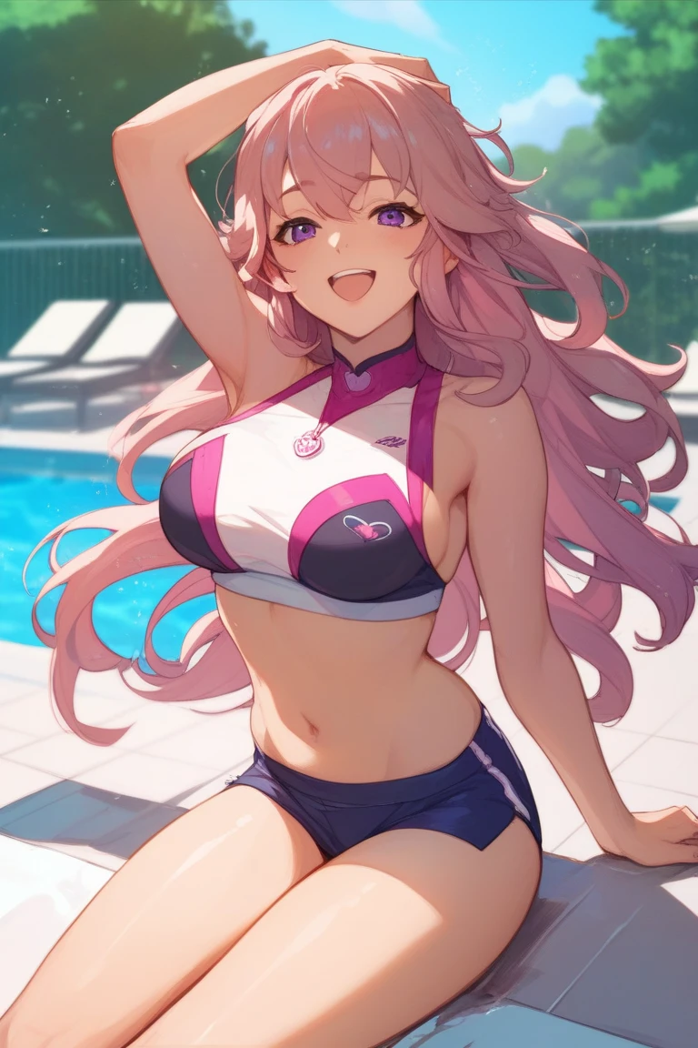 "Dynamic pose of a person with oil-slicked skin, sporting a string swimsuit, and boasting flowing hair. Thigh-high stockings, an Ahegao expression, and blushing and cat ears."