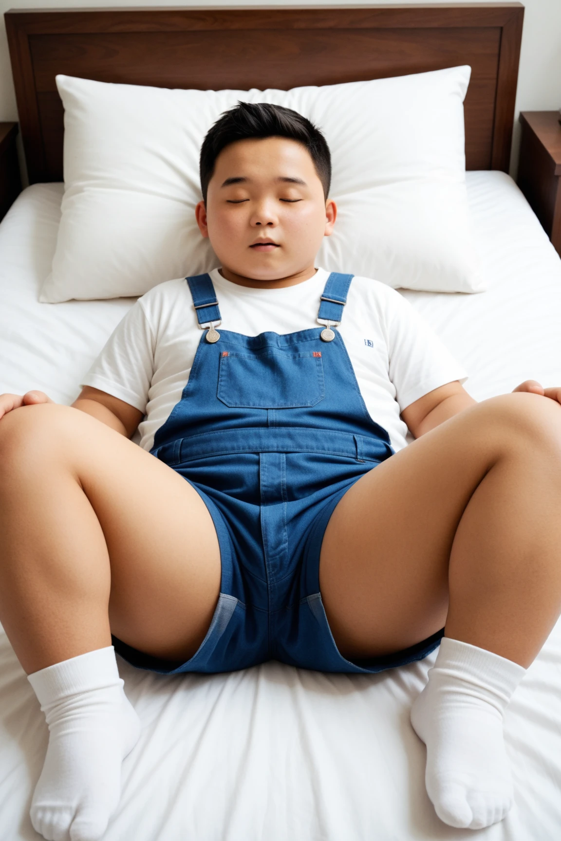there is a man that is laying down on a bed，pillow head, resting after a hard fight, Overweight!! shoun, lying at the bed, laying back on the bed, reclining on her bed, Lie down in bed, Lie down in bed, posing in bed, 2 3 years old, there is full bedpan next to him, body swelling about to explode