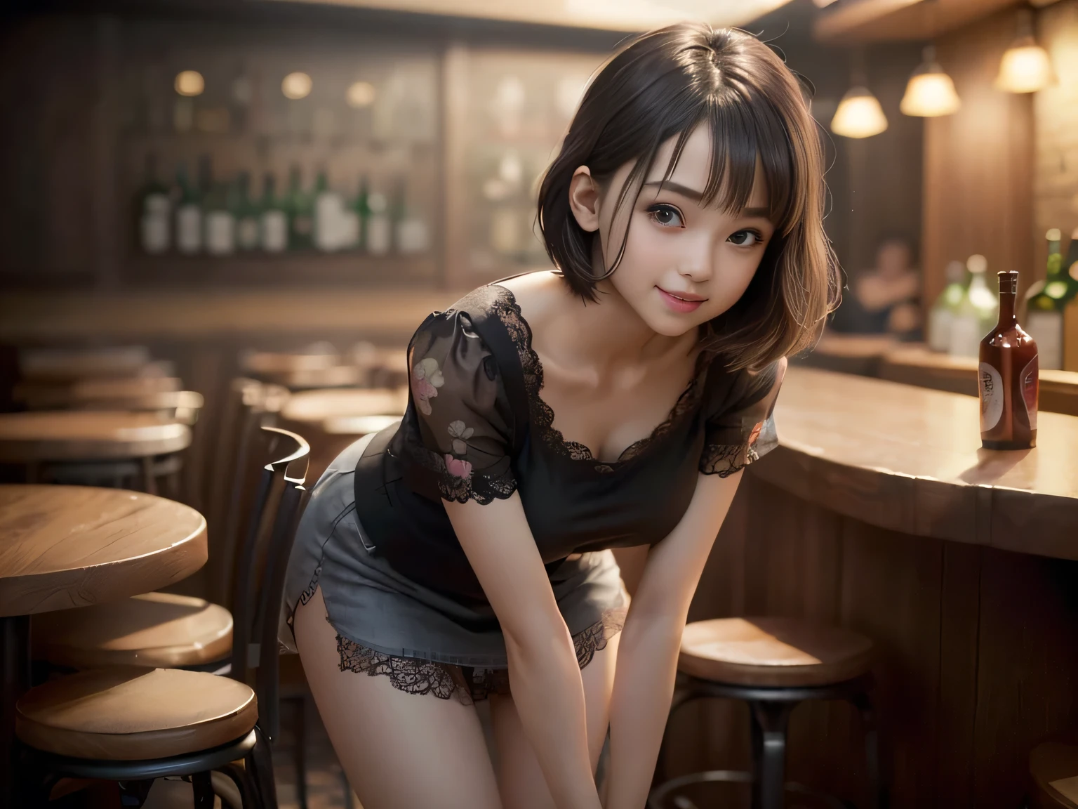(8k, best quality, masterpiece:1.2), (realistic, photo-realistic:1.37), ultra-detailed, 1 girl, cute, solo, beautiful detailed sky, detailed cafe, night, sitting, dating, (nose blush), (smile:1.15), (closed mouth) small breasts, beautiful detailed eyes, (collared shirt:1.1), night, wet, business attire, rain, white lace, (short hair:1.2), floating hair NovaFrogStyle, topless,