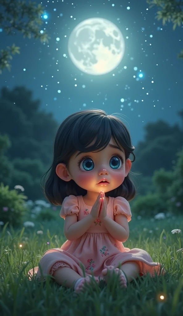 A square with bright fireflies, male child, 5 anos, sorrindo, com um pijama azul, brincando com os vagalumes, ao seu lado uma esfera de luz brilhante com halo de luz, Hands together glued to his chin praying with his eyes closed, night sky, noite magica, illustration (8K illustration), (melhor qualidade) (vagalumes), sem brinquedos