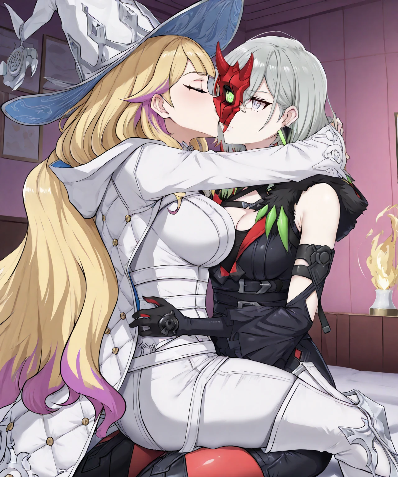 a couple kissing, the woman with white hair with red highlights and a crown of small horns sprouting around her head, wearing revealing clothes in white red and black, girl on top of the boy with black hair and a white shirt, couple kissing , sensual, a magical blue fog in the background, stunning high definition quality, vibrant colors