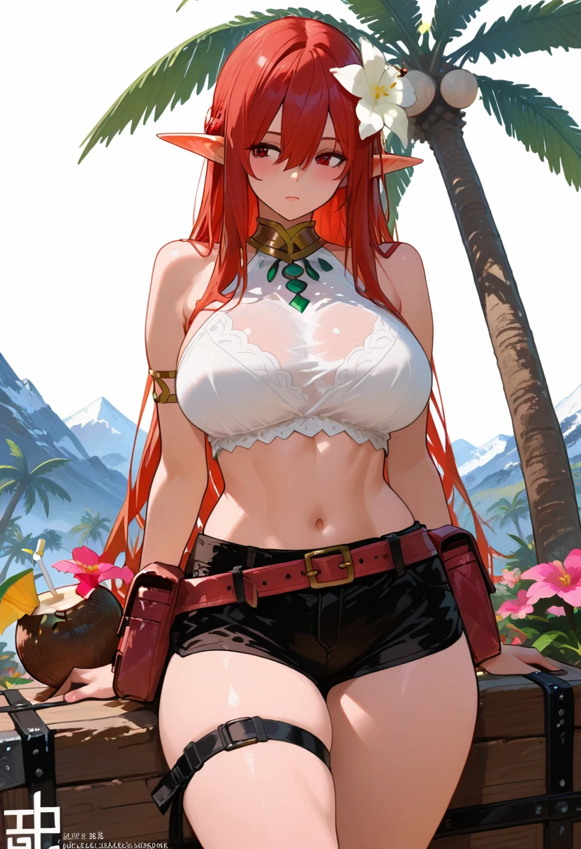 masterpiece, best quility, high_quality, grass field, gold bikini, grinning, medium breasts, , long hair, red hair, tan skin,:0.8333333333333334 AND (masterpiece:1.2), absurdres, flower field, gigantic breasts, smile, <lora:Maseta:1> piranha plant,:0.16666666666666666