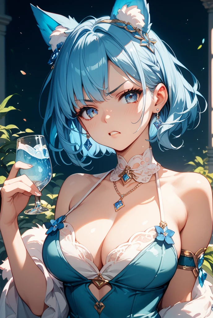 ((Masterpiece)),((High quality)),((High resolution)),((Extremely accurate and detailed representation of the human body)), A woman. Sideways slanting pose. Smug smile. Bob hairstyle. Holding a wine glass. Black off-shoulder dress. Large bust. Collar. Cleavage revealing. Waist shot. Individual.