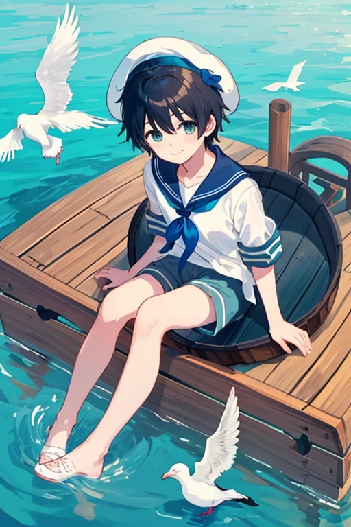 small wooden boat, yellow color, child inside, boy, black shirt, white shorts, short black hair, --auto --s2