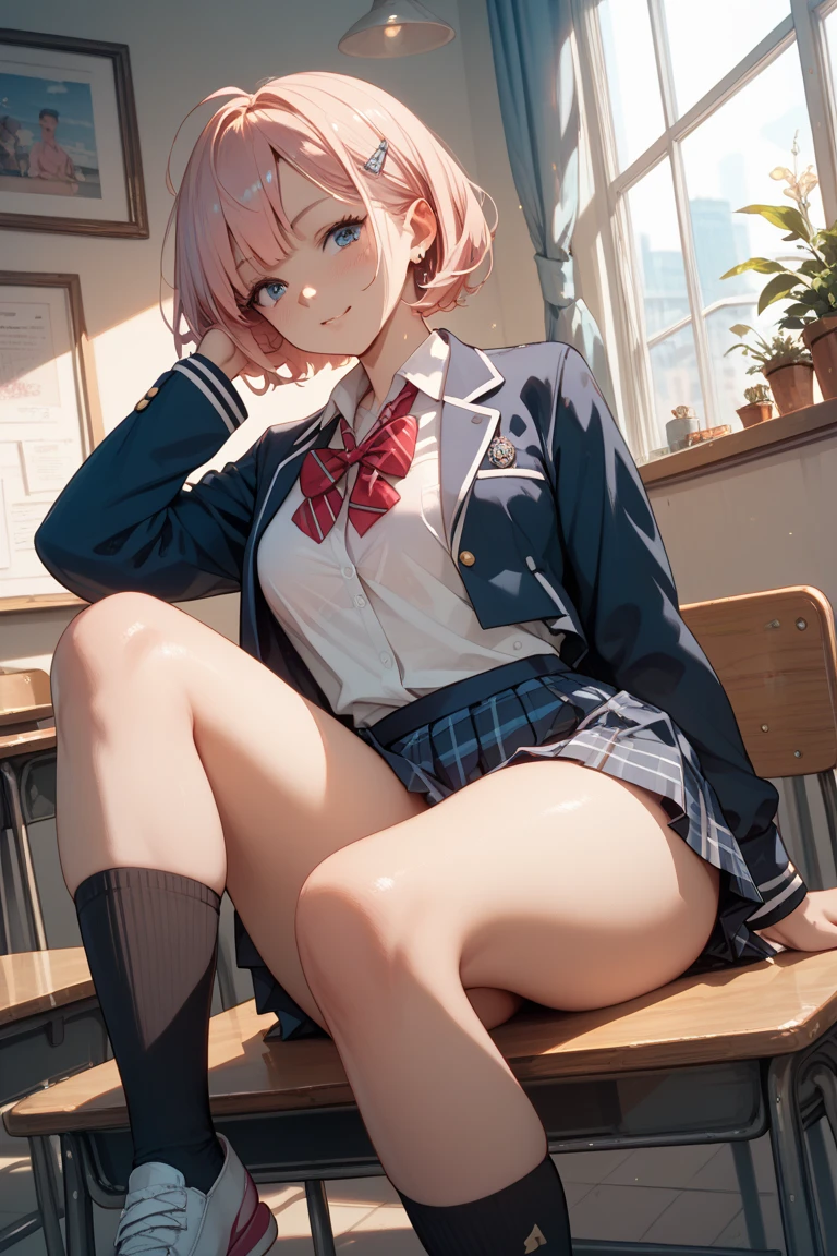 (A beautiful young Japanese woman), nsfw, Detailed Background, (((独奏))), ((Excellent anatomy: 1.2)), (Pink Hair, Bob Short), Big Tits, (dark skin:1.5), (green eyes), (Beautiful Eyes), (((Short sleeve white shirt, Beige cardigan, Blue short tie, Grey pleated mini skirt, String Panties, loose socks, loafers))), (Black Panties:1.5), (Angry:1.3), Earrings, Sitting on a bench in front of the station, Beautiful thighs, spread legs, (lift skirt:1.3), panty shot, (Hold the hem of a skirt:1.3)