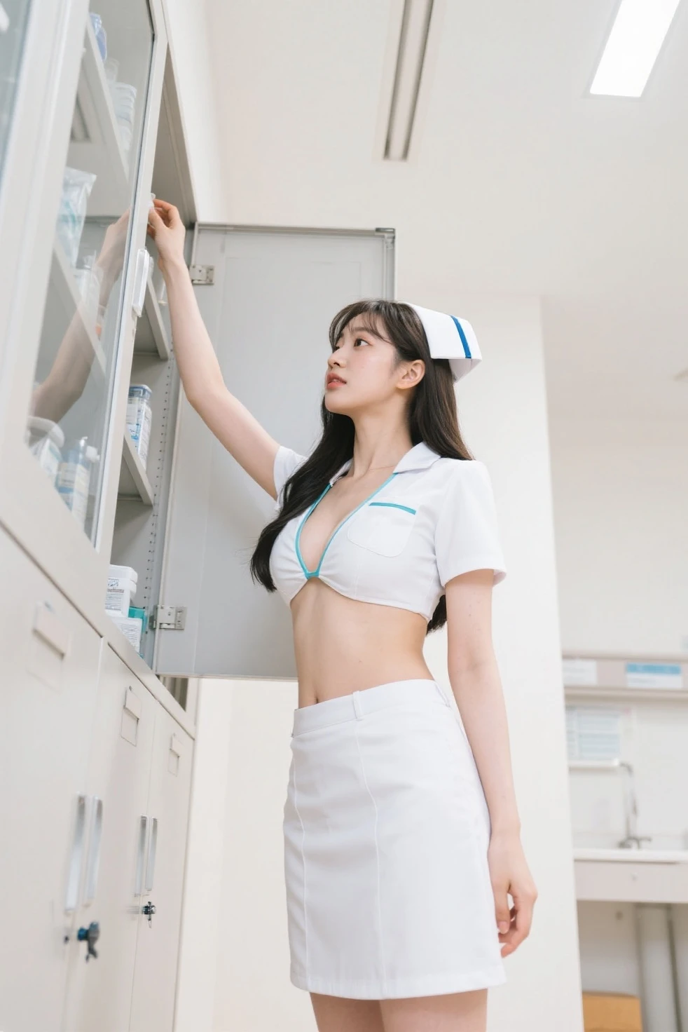(RAW Photo, Best Quality), (Realistic, Photo Realistic: 1.3), Wide Angle Photo, Masterpiece, 2 Girls, Cute, Young, Perfect Body, Korean Top Beauty, (Full Body: 1.3), Realistic Face, Standing, Diffuse Light, Create Soft, Uniform Glow In the hospital ((operating room)), surgical gloves, medical equipment, anesthesia machine ((((white and pink))))) Nurse uniform smooth, slim, open, see-through, exposed chest, perfect breasts and buttocks, slim legs, Nurse, Nurse's cap, stethoscope, flesh-colored stockings, intimate in bed: 1.3