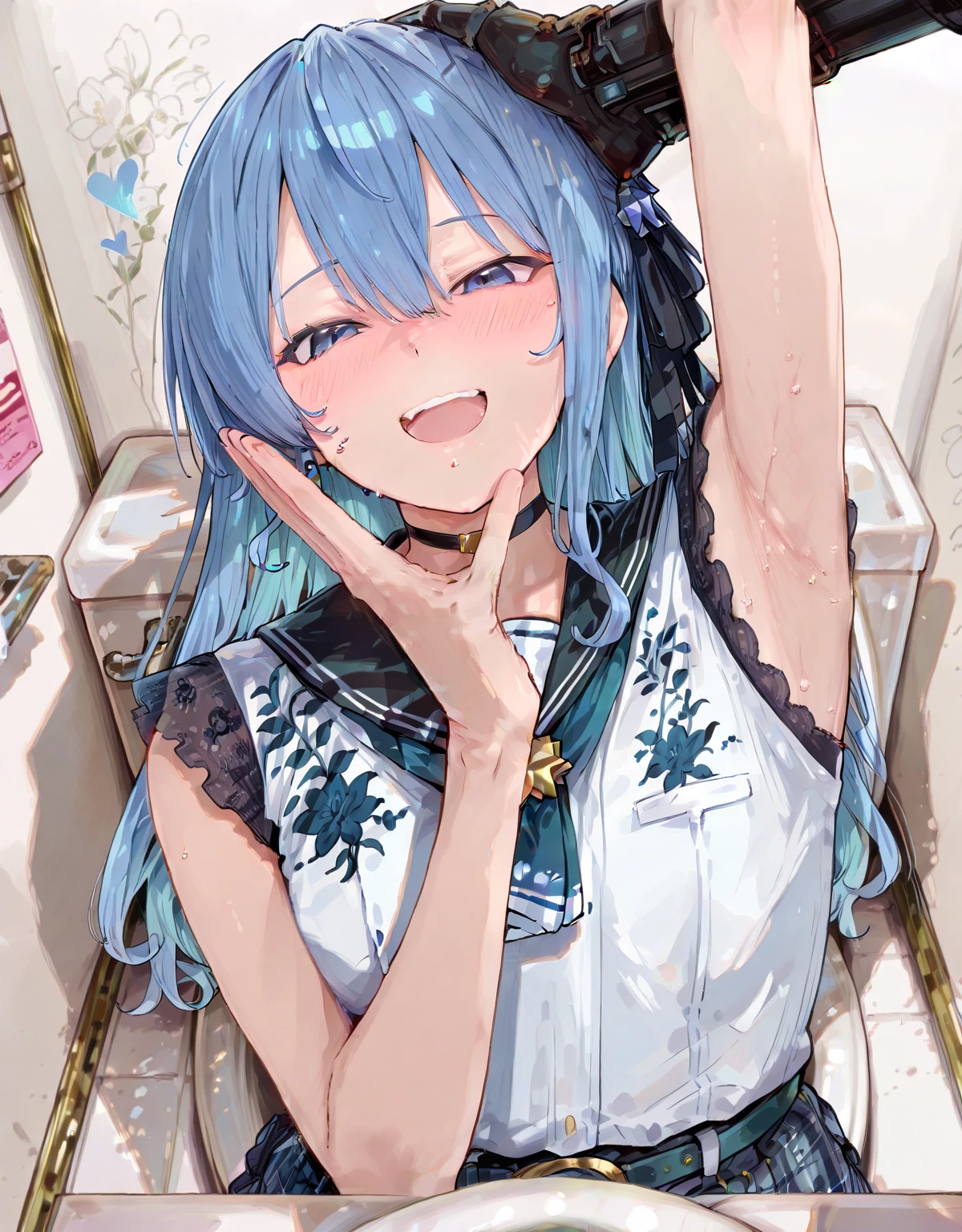 Long light blue hair、Clear eyes、Small black hoop earrings、A lively 、Tight hair、Inside the cafe、Slightly puffy cheeks、A big smile、A Cup、Peace sign next to face、Black cropped top、The belly button is in a visible position、12 years old
