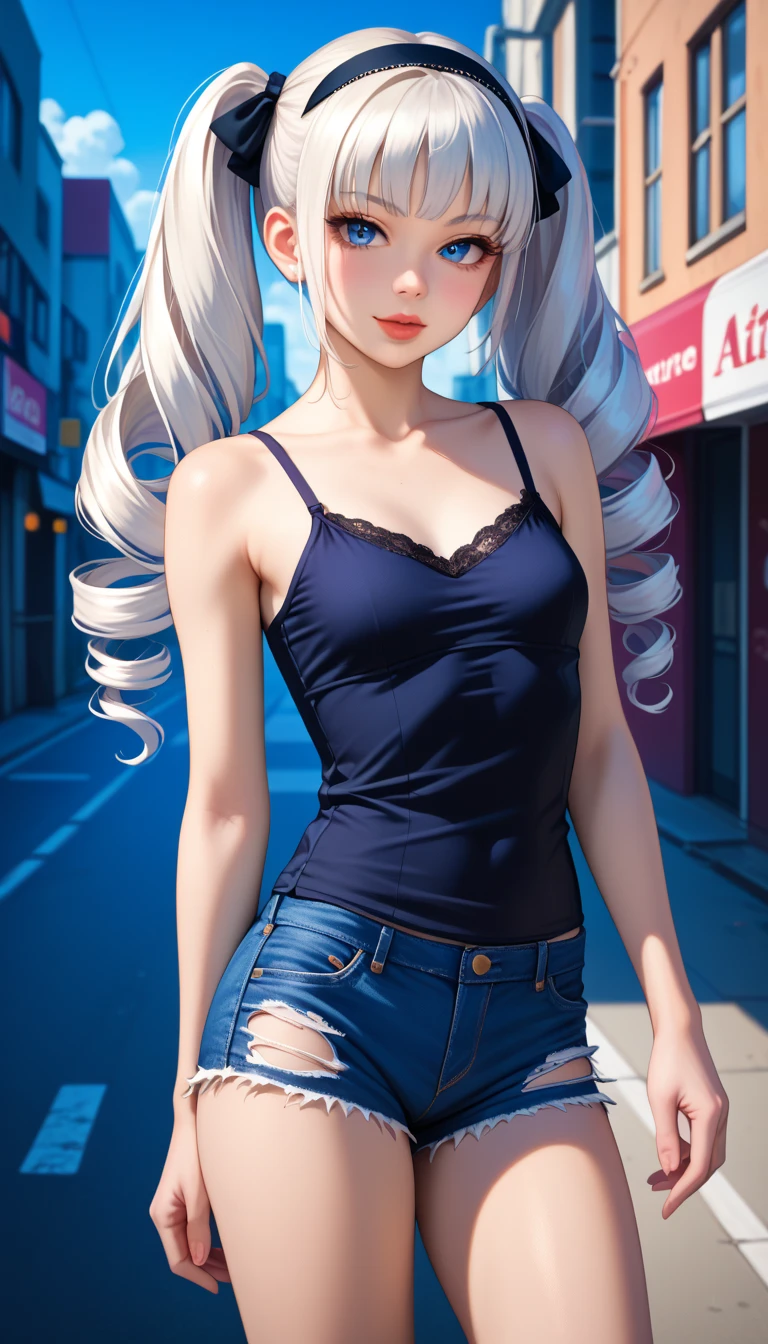 actual, High resolution, 1 girl, white curly hair, Korean, heterochromatic eyes, There is a small mole under the eye, loose white shirt, Skinny denim shorts, Large Breasts, thigh, Underwear visible masterpiece, realism