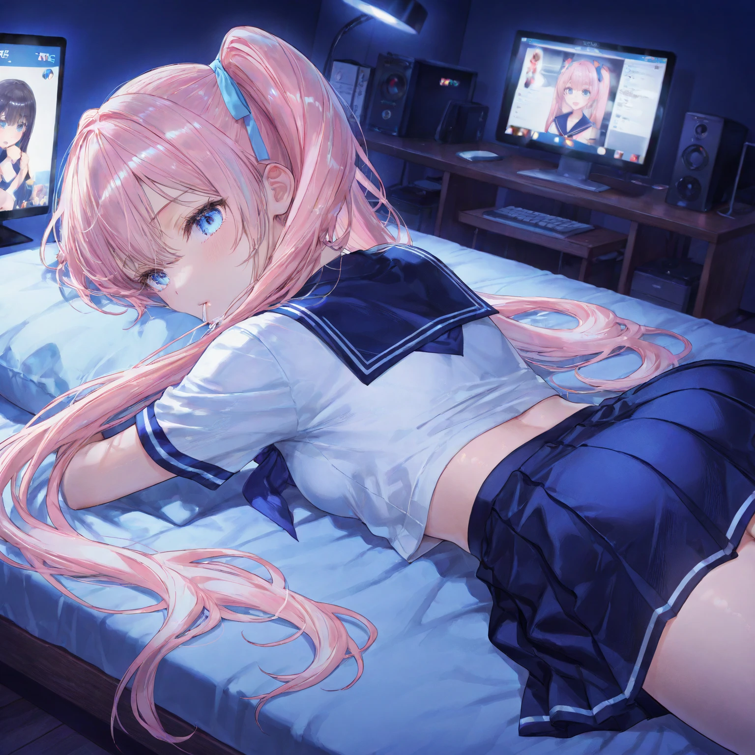 A girl，Solitary，Pink long hair，Moderate，Smile，Medium-length hair，Messy hair，Short sleeve，Short sleeve游戏服，Black skirt，Black gloves，Cyberpunk Characters,night,  Anime style 4K, Sitting on the sofa，indoors，In the bedroom，Black stockings，black garter straps，No shoes，mitsukasa ayase、character-centered