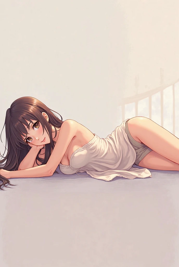 slender, mature female,1girl, rating:safe, armpits, solo, v, lips, sitting, brown_hair, breasts, looking_at_viewer, barefoot, blurry, chair, smile, long_hair,on_back, arms_up, depth_of_field, lying, brown_eyes, cleavage, camisole, bangs, closed_mouth, collarbone, nose, legs_up, legs, blue_eyes, medium_breasts, black_eyes, bare_shoulders, arm_up, sunlight
