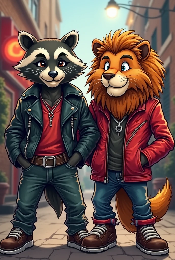 a close-up of two raccoons, standing on a city street, furry fantasy art, pov furry art, furry art, anthropomorphic raccoon, furry art!!!, Art by Silverfox, inspired by Tim and Greg Hildebrandt, very very beautiful furry art, Furry-Konvention, Jazza und Rossdraws, Guardians of the Galaxy-Stil