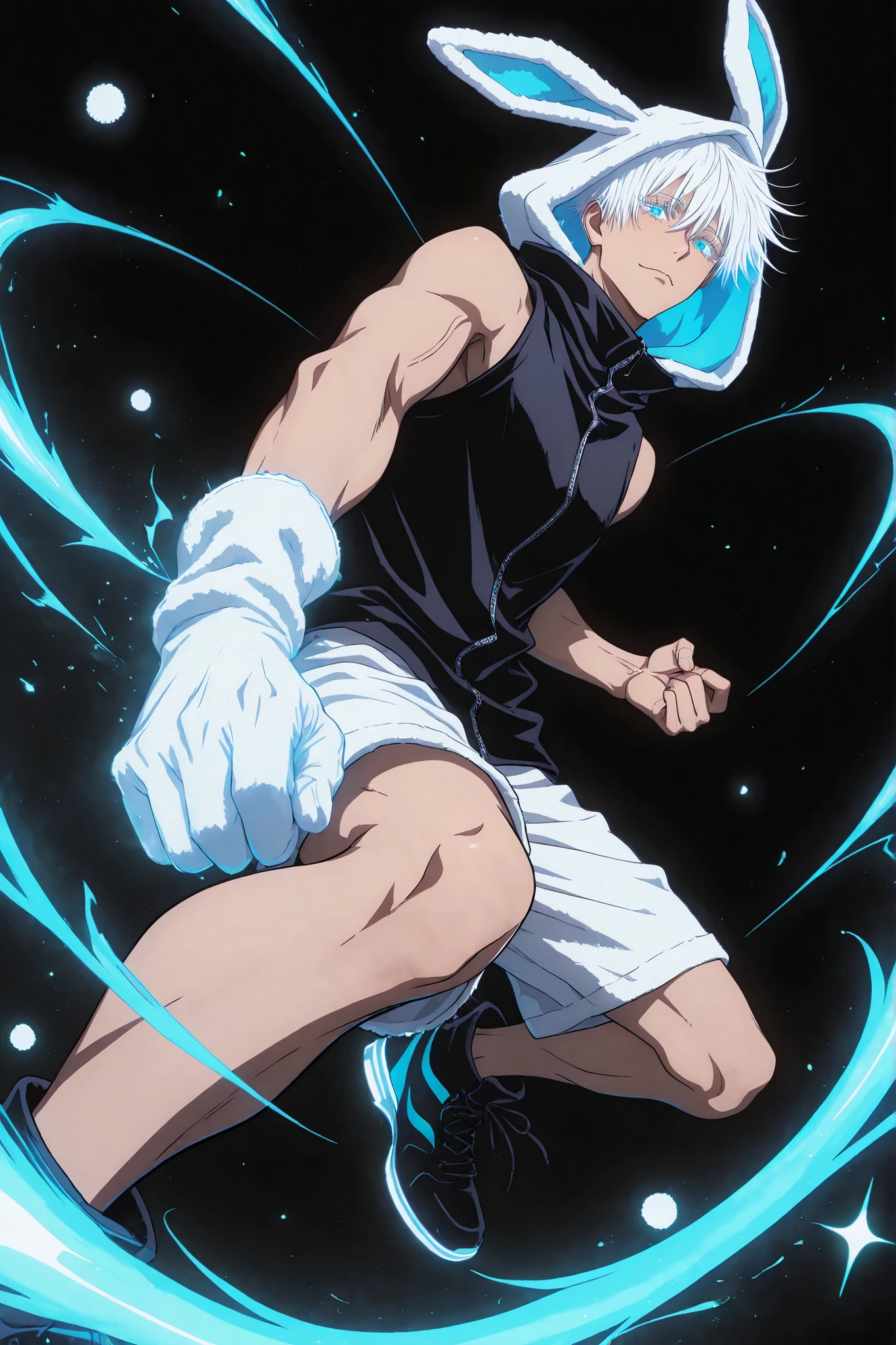 neon art, neon lineart, blue neon lineart, neon silhouette, silhouette, neon colors, glowing, glow effect, bright outlines, vibrant colors, high contrast, dark background, digital art, 1man, adult, male focus, gojou satoru, jujutsu kaisen, white hair, short hair, ((hair between eyes)), colored eyelashes, white eyelashes, blue eyes, intricate eye iris, detailed eyes, muscular male, sexy man, handsome man, handsome face, cool, nonchalant, male cool clothes, cool fashion, intricate clothes, intricate accessories, intricate patterns, cool, stylish, black top, bare shoulders,  hood, rabbit hood, hood up, hood with neon trims, white shorts, shorts with neon trims,  sneaker, black sneaker, single glove, white glove, solo, glowing eyes, looking at viewer, dynamic shot, dynamic view, dynamic composition, dynamic action pose, ((dynamic pose, foreshortening:1.3)), blue aura, motion lines, action scene, motion blur, bokeh, glittering, sparkling, (((black background)))