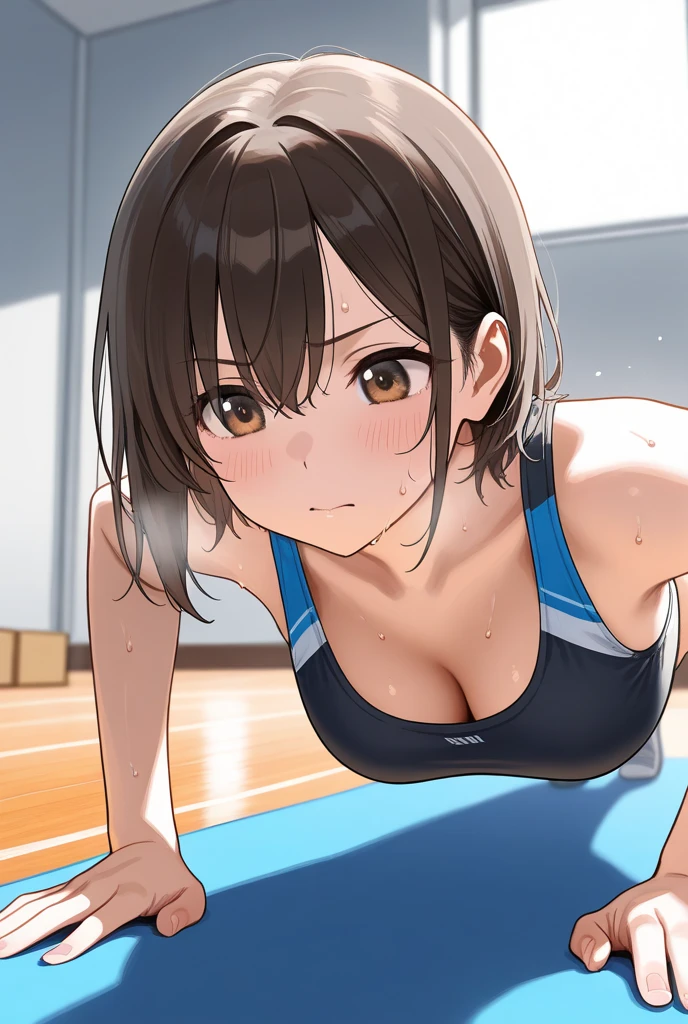 make, 4K, best quality, Misaka Mikoto, ribbon from, Sports Bra, torn Latex Shorts, are standing, arms folded,、cool expression　Inside a beautiful gym　random posing, NSFW, erotic, porn, sex, giving a handjob to a man, giving a handjob, handjob, strocking a penis with her hands, hands on cock, (hands on penis: 1.5), open mouth, sticking out her tongue, man view, pov view