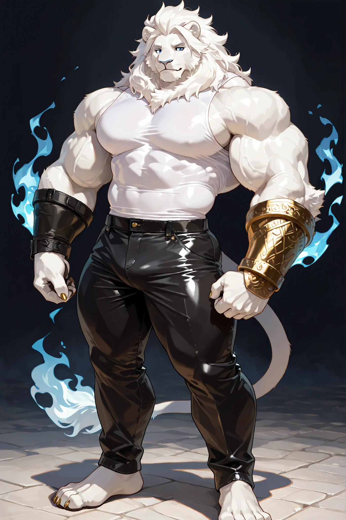Solo, Anthro, male (((solgaleo, lion, blue sclera, muscular, big pecs, abs, yellow nipples, white fur, black body, black nose, multicolored body, multicolored fur, multicolored mane, white mane, mane, grey pecs, black chest, black abdomen, white arms, white legs, 5 fingers, tail, white tail, yellow tipped tail, markings, orange tipped mane, orange speedo, big bulge))) standing, pokemorph, biped ((focus grey abdomen, focus solgaleo, focus grey chest)) full body, perfect anatomy, by darkgem, by mystikfox61, by glitter trap boy