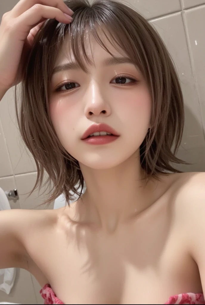 (highest quality:1.1), (masterpiece:1.2), (Realistic:1.2), (become close:1.1), Very beautiful face、Random hairstyles for short hair and updos、shower room、Wet Hair、Wet Skin、blush:2.0、Expressions of Ecstasy、High orgasm、 Blowjob, 1 Japanese girl, Oral,Very thick penis:2.0, Liquid dripping all over the face、18-year-old、Shot from above、BlowjobTopofHeadPOVQuiron pose、oral