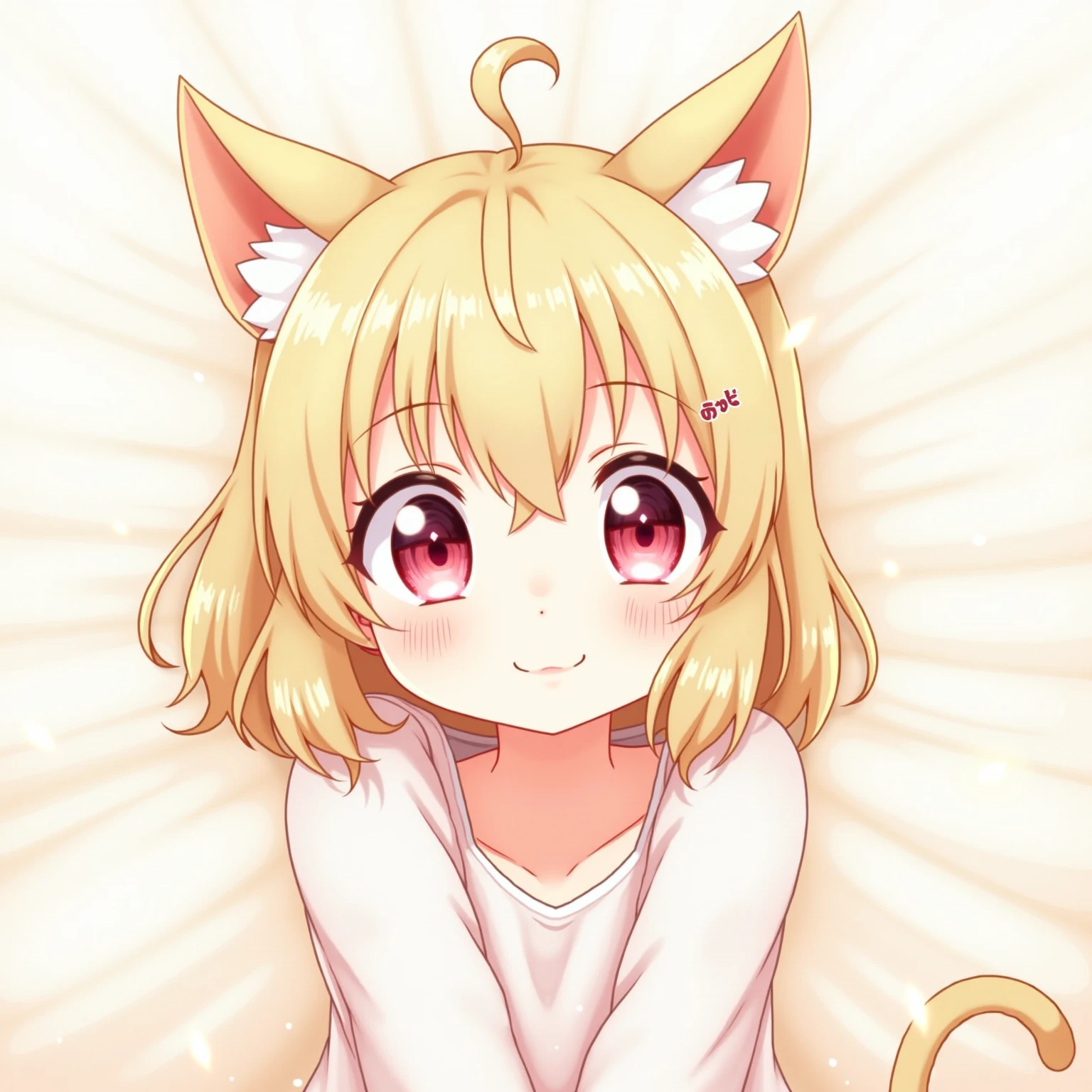 Short reddish yellow hair, super small stature, cat ear, sitting in bed, pink dress, smiling, furro