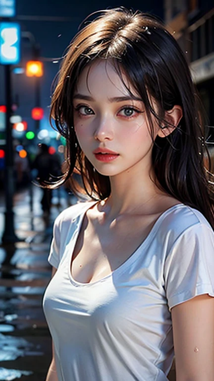20-year-old surreal idol, ultra-thin sleeveless long dress, nipple ring, smiling smile, Cape Fur Cuts, Walking without noticing the camera, City under heavy rain, wet from the rain, wet clothes stuck to the body, RAW,(8k, Best Quality, Masterpiece: 1.2),(intricate detail: 1.4),(photorealistic:1.4),Octane representation, Complex 3D rendering with ultra details, Soft studio light, rim light, vivid detail, super detail, realistic skin texture, face detail, Beautiful eye details, Highly detailed CG Unity 8k wallpaper, make up, (detailed background: 1.2),