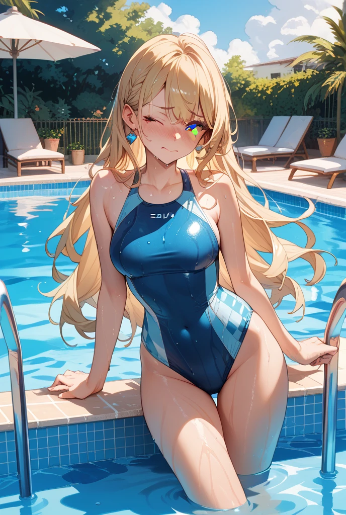 high resolution,8k,Blonde,Pool,Bold Pose,smile,Shiny hair,Glossy skin,