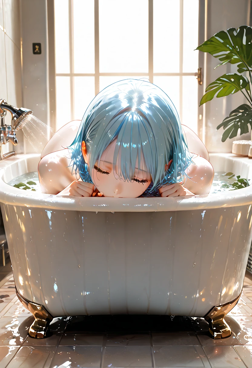 Absurd, Super detailedな,(In 8K:1.3),Masseter muscle area,(masterpiece:1.2)、(Highest quality)、4K、Super detailed、(Movement Structure:1.4)、(Shining Lights、Atmosphere lighting), High resolution, Best Quality、(One girl:1.4),Super detailedな,Bright colors、Treebreak Production Art、(Warm color light source:1.2),High-level image quality、Fine image quality、Intricate details,Volumetric Lighting,Realism BREAK、Profile、 Idol face、15 years old、Very beautiful face and eyes, Beautiful images、 natural make up、big eyes、 taking a bath (Baby Face:1.4)、(Big Tits:1.4)、(Breast bag:1.2), (glossy skin :1.5)、(Sweat:1.5), nsfw,(taking a bath:1.5), (bathroom:1.2) 、 (light blue hair,blunt bangs、twintails、wet hair:1.4)、 (Beautiful nipples)、(Delicate and detailed、naked)、 (orgasm face)、(White skin:1.4)、(Bubble bath)、Soap bubble