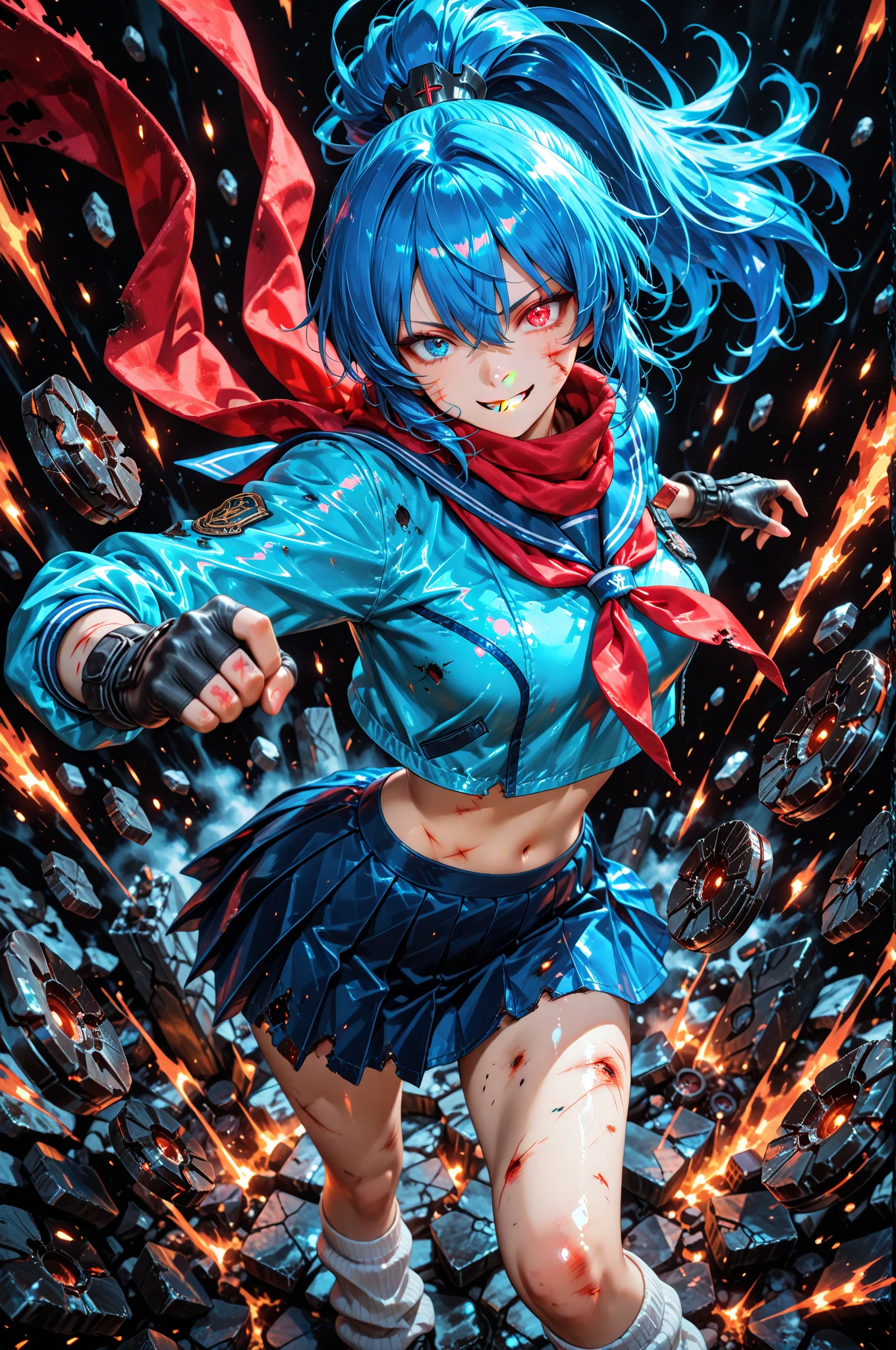 (masterpiece, highest quality, ultra high res, ultra detailed:1.3), 1 girl, ideal ratio body proportions, red eyes, (blue hair:1.2), high ponytail, unruly hair, brown tank top, military pants, military boots, bare shoulders, bare arms, open finger gloves, dog tag, full moon, night time, tank top covered nipples, 