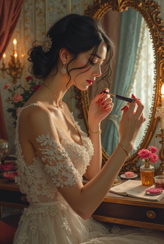 bestquality、Highres、8ｋ、Girl 1 Mature Mature Mature Mature Woman Man、(Huge breasted)、During the Day、Bright、in door、(Room:0.8)、(People々、crowds:1)、(Lace) -trimmed dress:1.5、Light Black Clothing:1.5、Black High Neck Dress:1.5、sleeveless dress、pink Dress:1.5)、Luxury、(medium Hair)、beautiful detailed sky、beautiful earrings、(Dynamic Pose:0.8)、 (upper Body:1.2)、Illuminated by soft、Wind、Lustrous skin、line of sight、