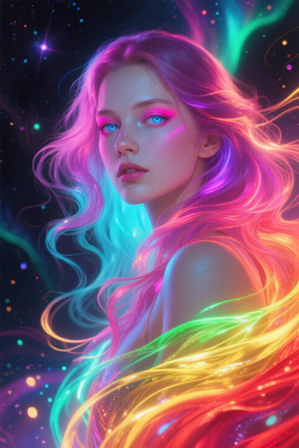 A beautiful gorgeous woman with neon glowing hair in galaxies forms standing