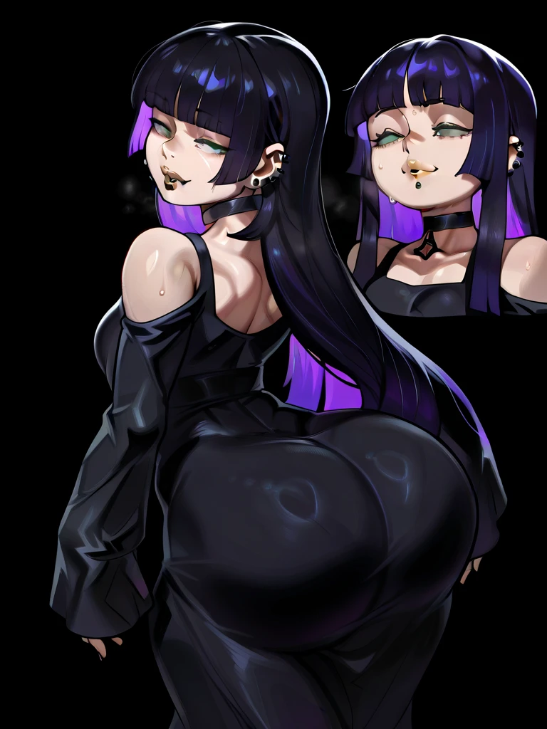 score_9、score_8_up、score_7_up、dynamic、(anime、masterpiece、complicated:1.3)、(Highest quality、Hi-Res Textures、High definition:1.2)、(4K)、(Incredibly detailed:1.4)、Highly detailed background、Cinematic lighting、Volumetric lighting、Bloom、Post-processing、indoor、Nightclub、night、Perfect Anatomy、One Girl、(Long Hair)、Black Hair、bangs、ponytail、blue eyes、Black lipstick、Black eyeshadow、eyeliner、Black mascara、Wide hips、Saggy breasts、Big Breasts、Huge Ass、Perfect Eyes、Highly detailed eyes and face、Earrings、フープEarrings、necklace、Pale skin、Goth、Studded collar、Thigh-high socks、((網タイツのThigh-high socks))、Black nails、Arm tattoo、Puffy nipples、((Pierced nipples))、pubic hair、長いpubic hair、((black G-string、High waisted cinched G-string)、Neon Light、Ass Focus、anus、Girl dancing on viewer's lap、ass pov、dance、jeans、bulge、、A unique perspective、(dynamic アングル:1.3)、、expressiveH