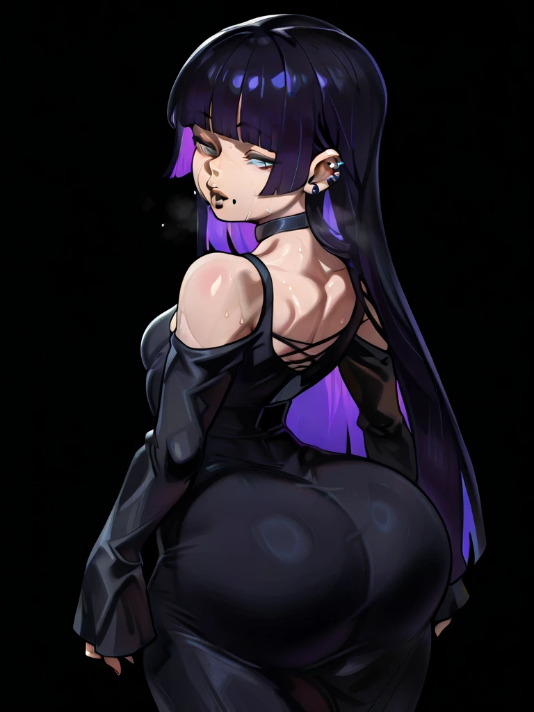1girl, focus on the face, showing her ass, from behind, nsfw((masterpiece)), (gigantic breasts), OTN, black shiny, latex skin, latex catsuit, latex bodysuit, black latex, beautiful adult woman, high elf, long hair, black hair, colored inner hair blue, amber eyes, thick thighs, big ass, (excessive breast expansion), wide hips, huge thighs, busty, sharp focus, perfect body, huge ass, thick body, full body, extreme huge breast, huge lips extremely huge , hourglass body, black shiny, latex skin, latex catsuit, latex bodysuit, full body latex suit, black latex, latex feet, beautiful adult woman, high elf, long hair, black hair, colored inner hair blue, amber eyes, suit cover chest, arms tied behind her back, Ultra Quality, Masterpiece, Ethereal,Ultra-Detailed,8K, inside spaceship background, serious expression, blush, divine presence, breathtaking beauty, vivid colors reflects
