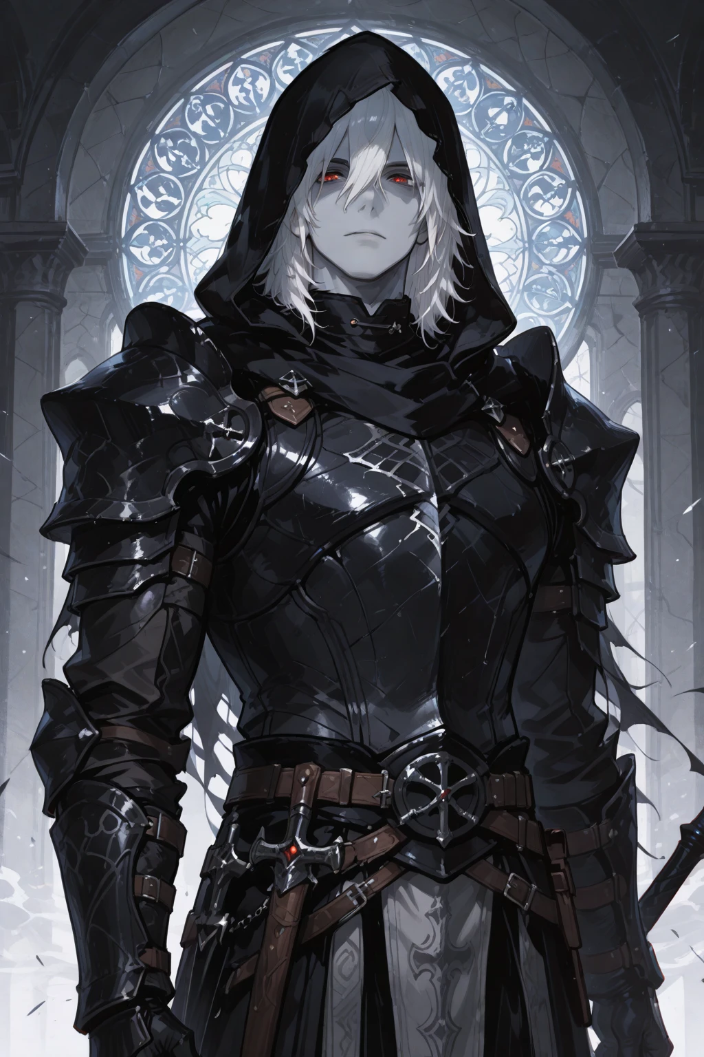 Anime character, a man, medieval era. Young man, 20 years old, large body, cold gaze, cold expression, white skin, short messy gray hair, ponytail, left eye patch, black clothes, black shirt, dark cape with hood, chains. frontal camera. Walking in a sea of ​​blood. Three moons shining high in the sky, purple, red and blue. White electricity emanating from his body, black electricity emanating from his left hand. Right eye shining in a white ray. Thunderous white lightning. (best quality, 4k, 8k, high resolution, masterpiece: 1.2), vibrant, ultra-detailed colors, chiaroscuro lighting, dramatic pose, intricate details, fantasy, mystical, powerful