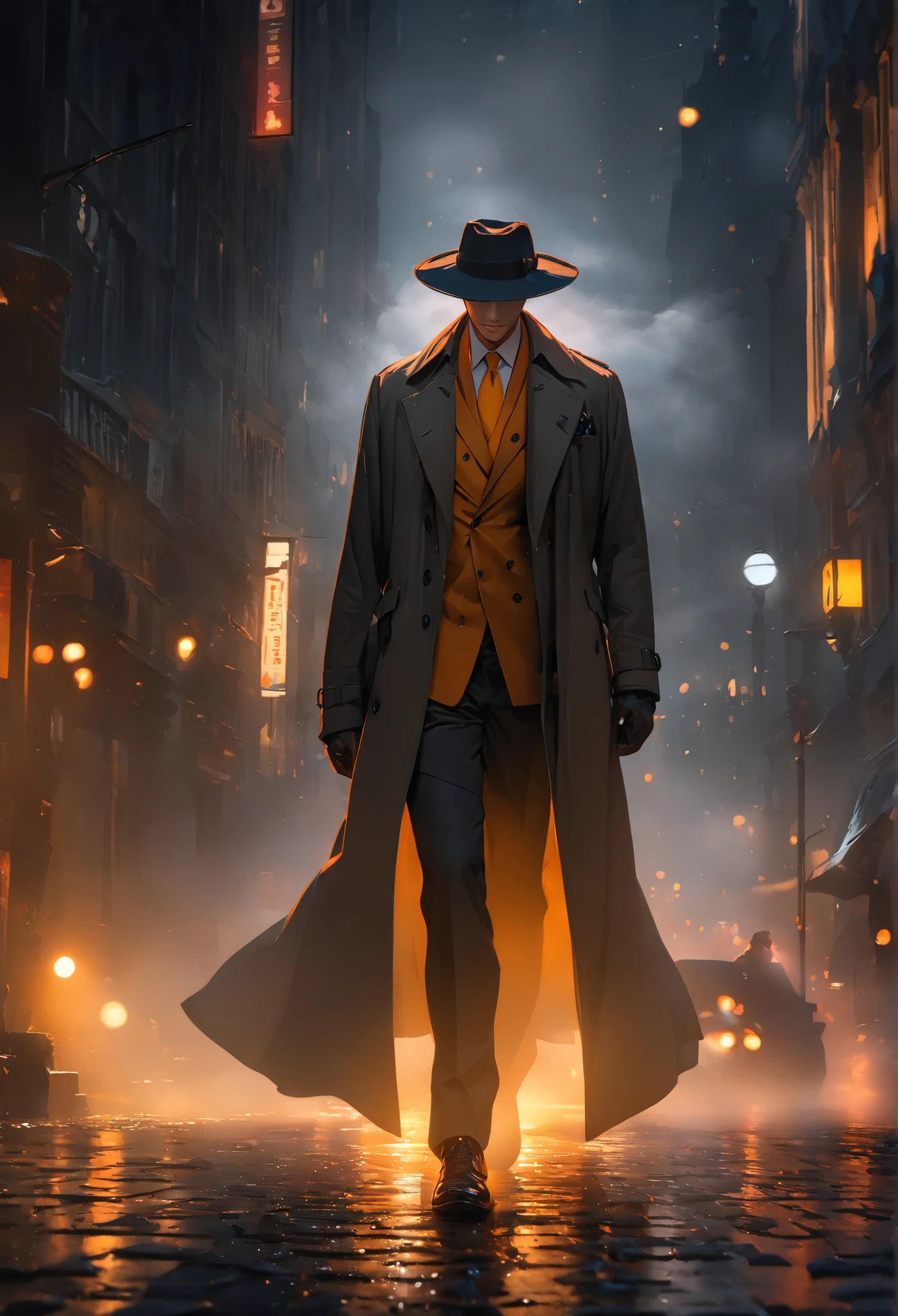 (top quality,8k,high definition, masterpiece:1.2),(silhouette art), Super Detailed, HDR, 超high definition, Studio Lighting, Super fine painting, clear focus, の物理ベースのレンダリングに触発されました, Extreme Details Explanation, Professional, bright color, Bokeh, PORTRAIT, Inspired by physics-based rendering by Concept Artist, Warm color scheme, dramatic lighting,london, In the fog, man in suit, Hat and Trench Coat, Walking on paving stones, thick mist, Invisible fog, Feet covered in fog,